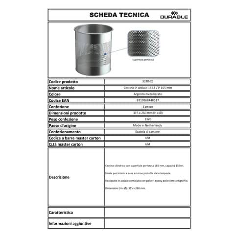 Cestino gettacarte DURABLE cilindrico con superficie perforata 165mm acciaio argento metallizzato - 331023
